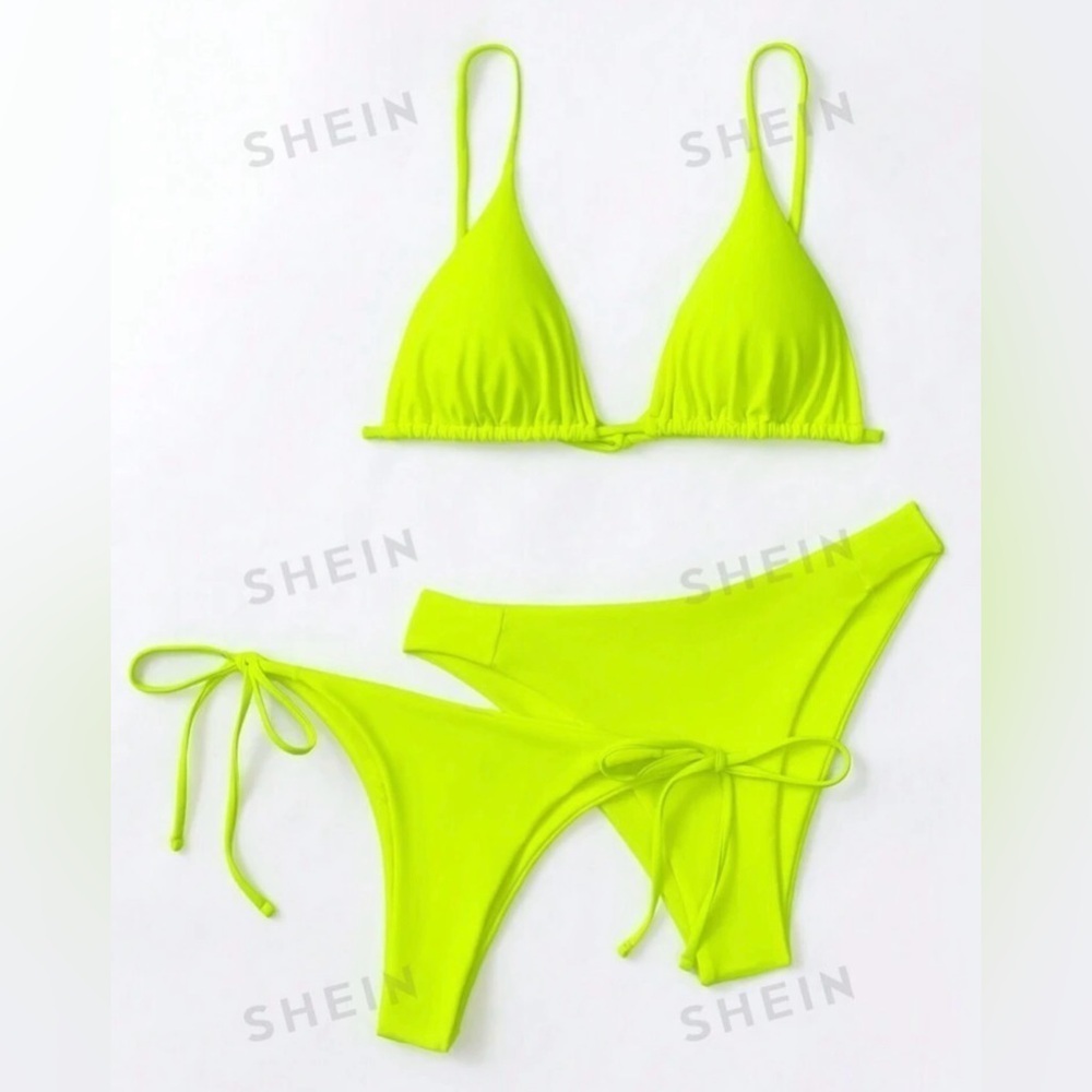 SHEIN - 3pcs Neon Lime Green Triangle Tie Side Bikini Set - Size S